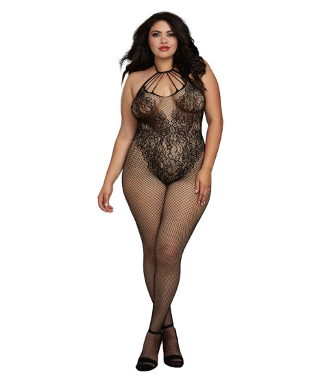 Bodystocking Grande taille résille dans un style Body avec magnifique décolleté à lanières 